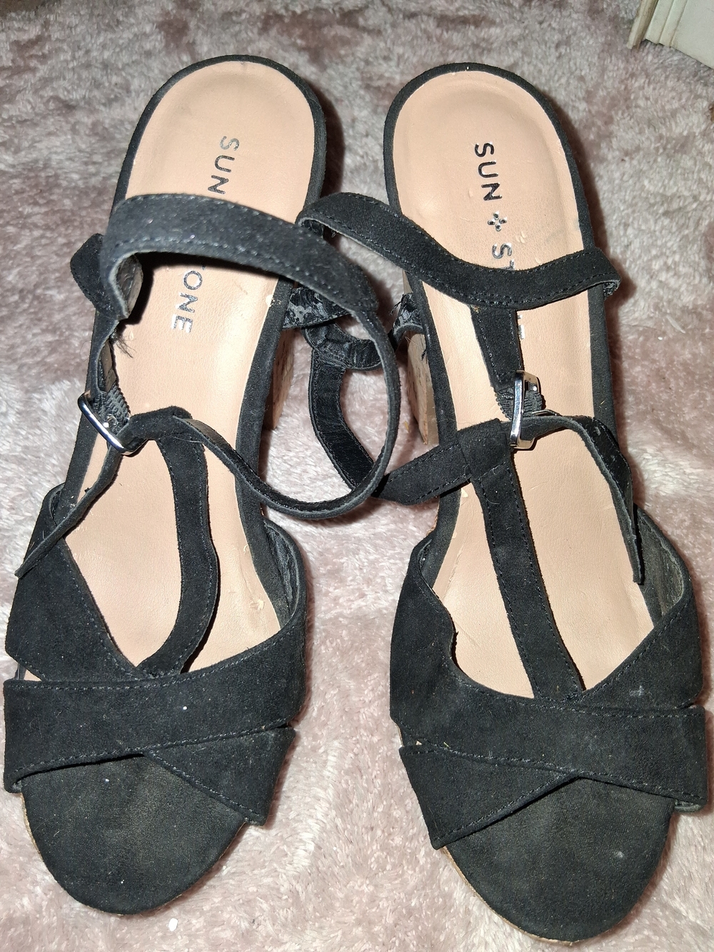 Sun + Stone Black Suede Wedge Sandals with T-Strap